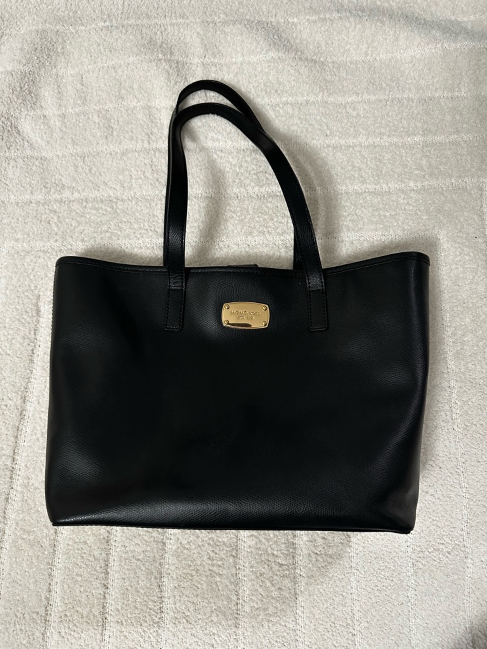 Michael Kors Black Leather Tote with Gold Plaque Accent